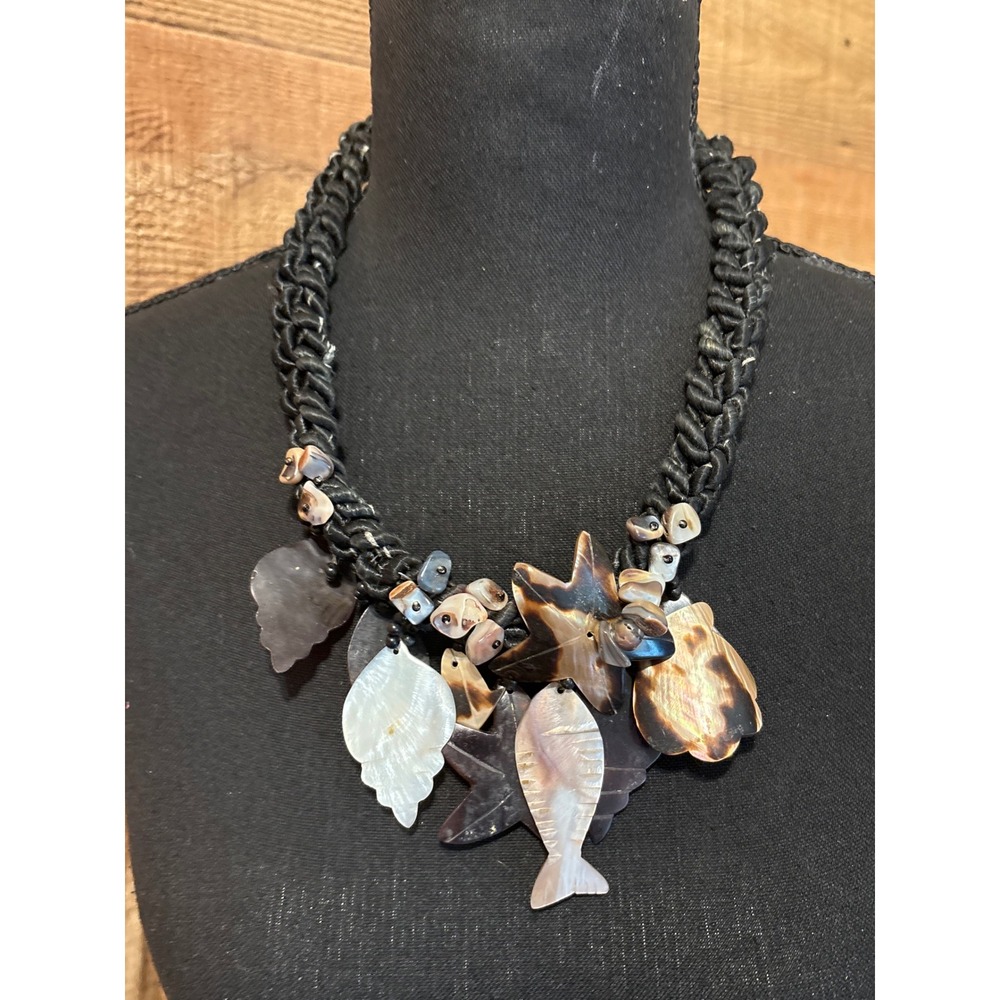Vintage Woven Black Cord Shell Statement Necklace Mother of Pearl Fish Starfish